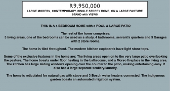 R9,950,000 |LARGE MODERN, CONTEMPORARY, SINGLE STOREY HOME, ON A LARGE PASTURE STAND with VIEWS 